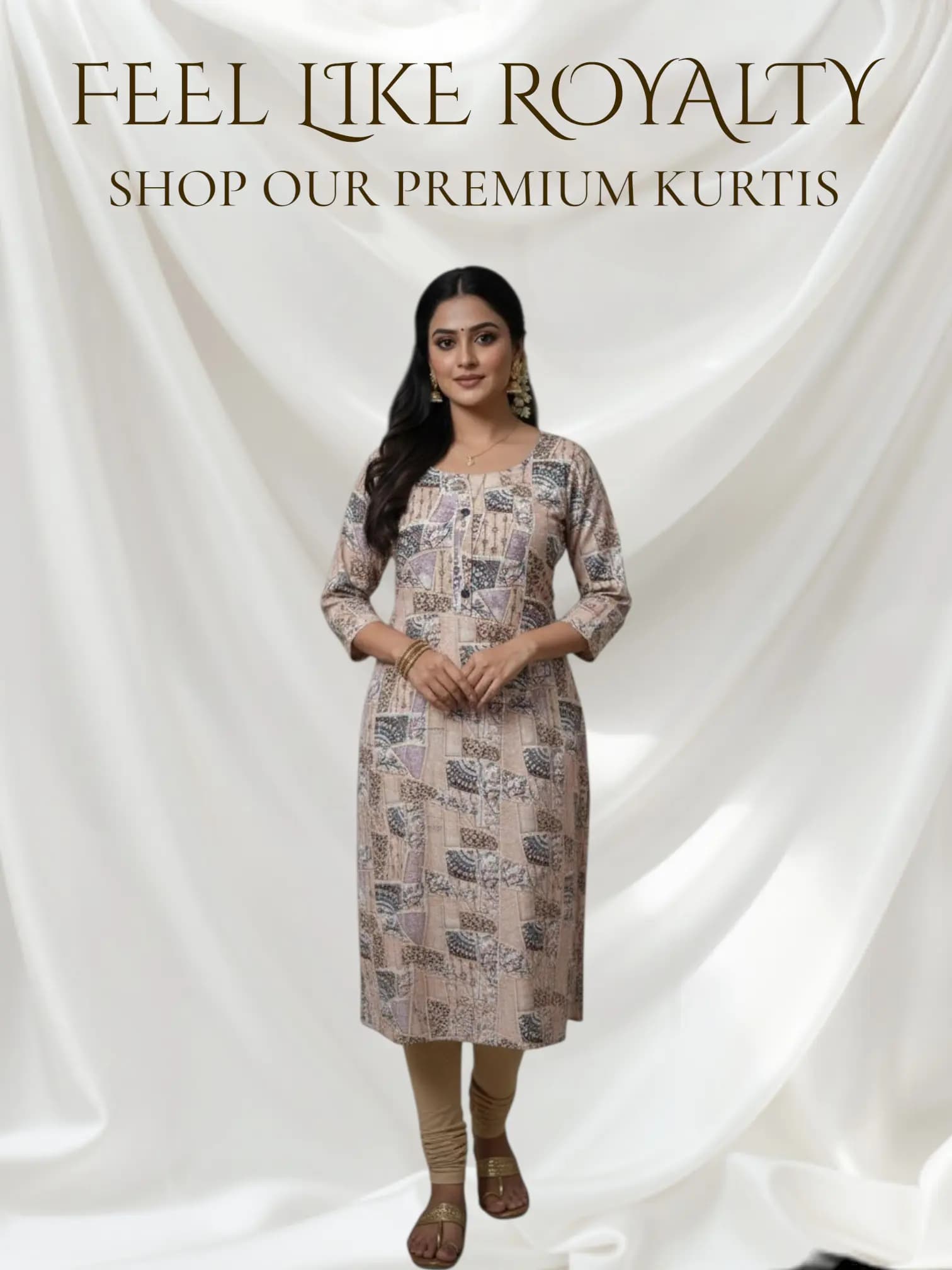 Peach Beige Printed Kurti – Liva Fabric with Artistic Block Motifs